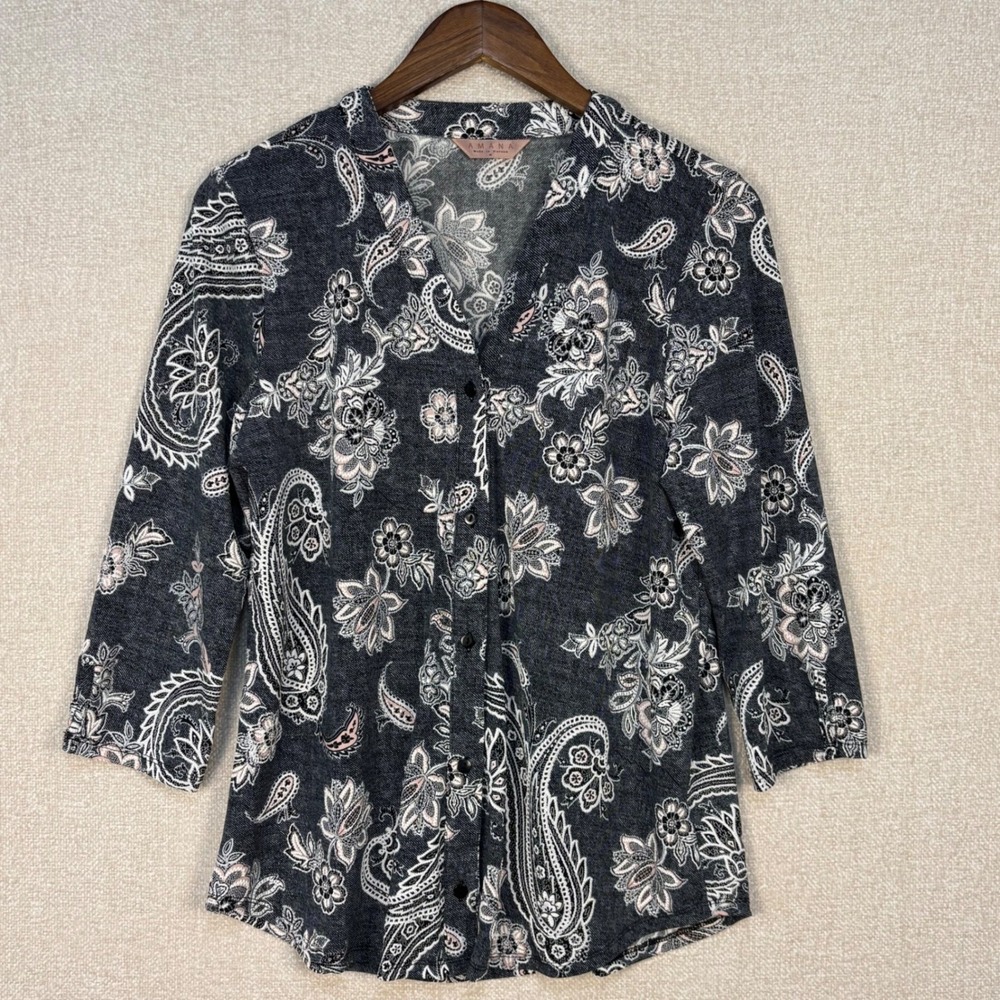 Amana Womens XL Paisley Floral Button Front Cardigan 3/4 Sleeve Gray Pink Knit